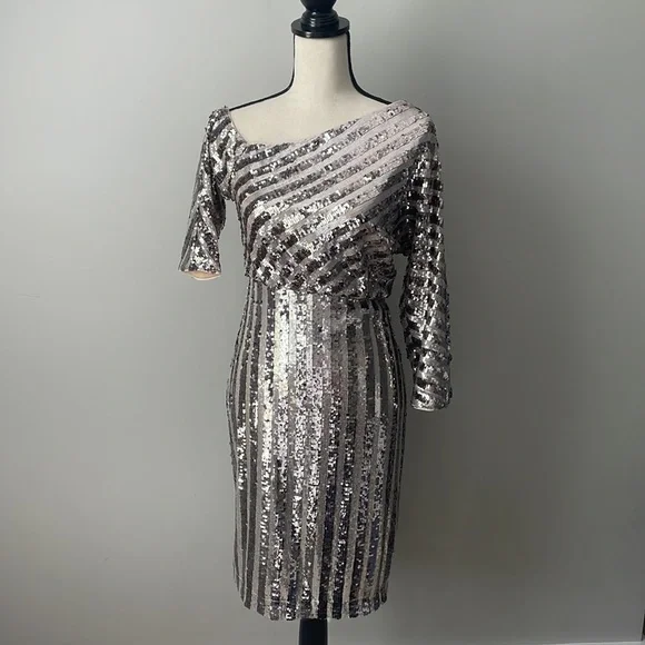 Badgley Mischka | Dresses | Badgley Mischa Off The Shoulder 34 Sleeve  Sequin Natalya Dress In Mauve Size 2 | Poshmark